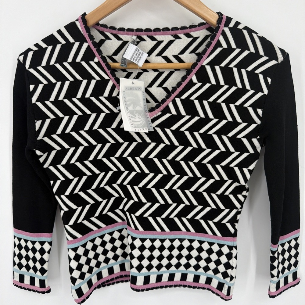 Alberto Makali Sweater Art Wear M NWT Knit Fitted Geometric Luxe V Neck Black